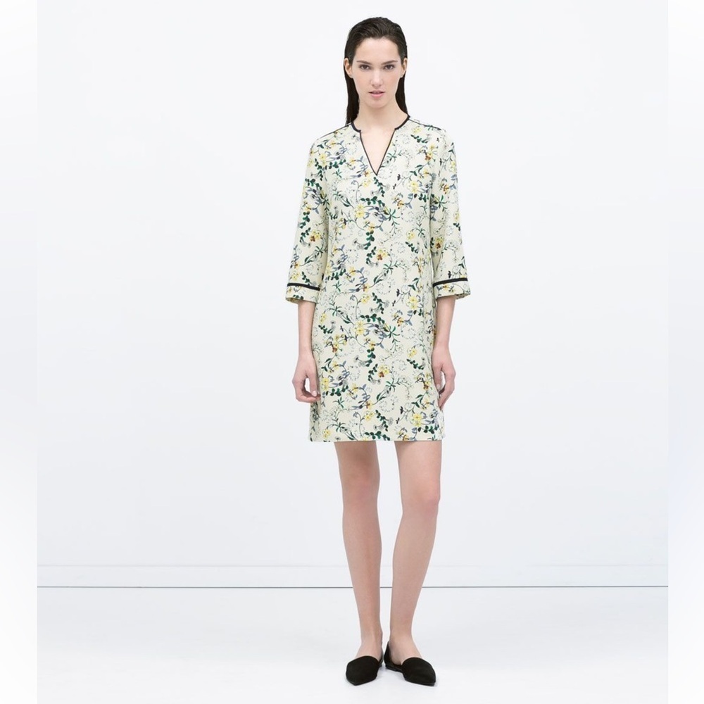 Zara Floral Tunic Shift Dress Size Small Cream Botanical Print Made in Spain